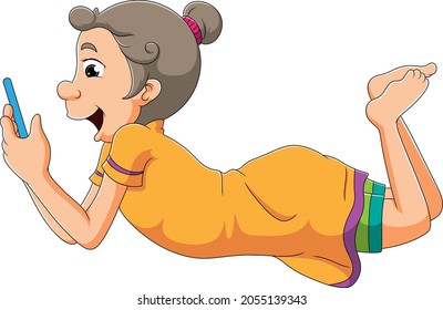 The girl is playing the mobile phone of illustration