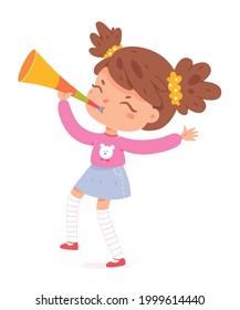 Girl playing music on trumpet and having fun. Active creative leisure for children vector illustration. Little kid with instrument in hand making sound isolated on white background.
