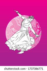 Girl playing navaratri garba. Playing dandiya in garba night poster for navratri festival of India.