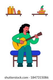 Girl playing on guitar at home. Concept of hobby, leisure and entertainment. Cartoon flat vector illustration isolated on white background