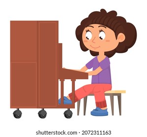 Girl playing on piano. Music school student in cartoon style