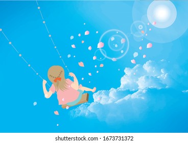 A girl playing on a swing watching the blue sky where sakura dances