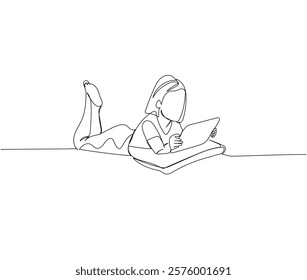 Girl playing on tablet, educational games, interactive one line art. Continuous line drawing of online learning, knowledge, cognition, school, education, entertainment, video games.