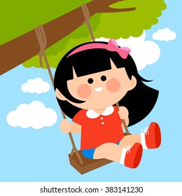 Girl playing on a tree swing. Vector illustration
