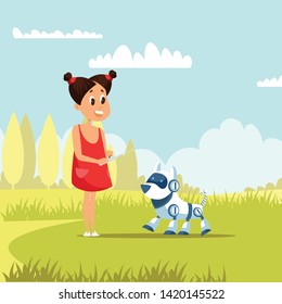 Girl playing outdoor flat vector illustration. Happy girl holding controller cartoon characters. Smiling child with remote control robot pet. High tech entertainment, childhood