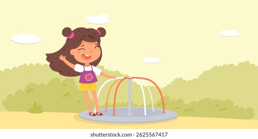 Girl playing in park. Kids at playground. Outdoor summer activities in backyard. Cartoon vector illustration.