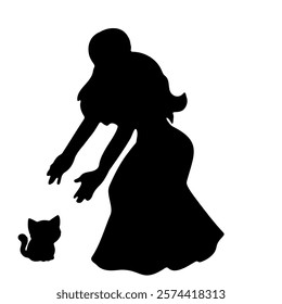 girl playing with pet cat black silhouette illustration