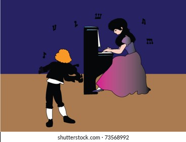Girl playing piano and boy playing violin - vector