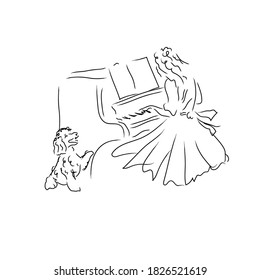 girl playing piano, dog sitting