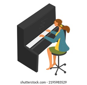 Girl playing the piano isometric top right view 3D icon. Pretty woman playing the piano vector isolated illustration