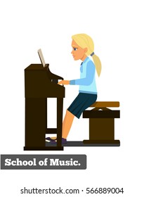Girl playing the piano. The school of music. Vector illustration on the background of the allotted.