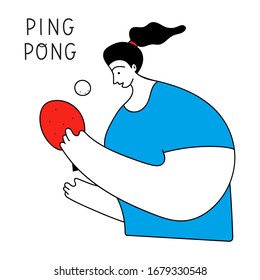 Girl playing ping-pong or table tennis. Vector hand drawn illustration on white background.