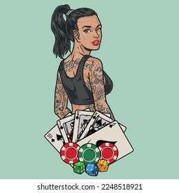 Girl playing poker colorful emblem casino cards and chips for cocky woman with tattoos inviting to play vector illustration