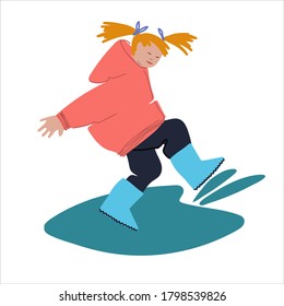 Girl playing in puddle. Vector illustration in flat style. Children having fun concept. Autumn concept. Isolated on the white