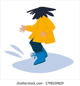 Girl playing in puddle. Vector illustration in flat style. Children having fun concept. Autumn concept. Isolated on the white
