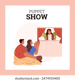 A girl is playing a puppet show using sock puppets while standing behind a screen with a red curtain. Parents watch the performance, mom claps her hands. Vector illustration.