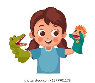 girl playing with puppets, evil crocodile and man.