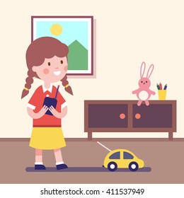 Girl playing with rc car with remote control in hands. Modern flat vector illustration clipart.