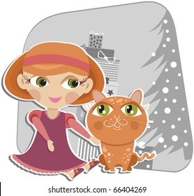 Girl playing with a red cat