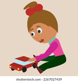 The girl is playing with a red toy car