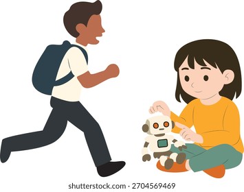 Menina brincando com um robô enquanto o menino corre., Uma menina está brincando com um robô, um menino com uma mochila corre perto dela. É divertido para crianças.