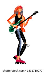 Niña tocando música rock en guitarra en concierto. guitarrista músico en festival moderno. Popular ilustración vectorial de escena de entretenimiento. Estrella de roca sobre fondo blanco.