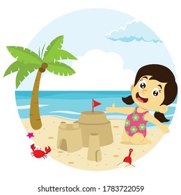 girl playing sand castle, vector illustration of kids playing on the beach, summer vacation activity