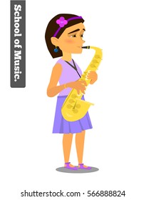 Girl playing the saxophone. The school of music. Vector illustration on the background of the allotted.