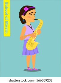 Girl playing the saxophone. The school of music. Vector illustration on the background of the allotted.