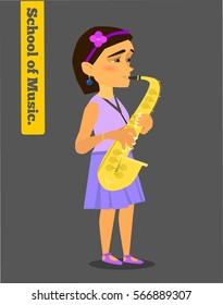 Girl playing the saxophone. The school of music. Vector illustration on the background of the allotted.