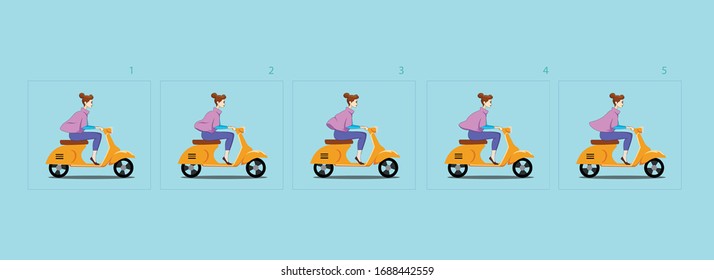 Mädchen, die Scooter spielen. Junge attraktive Frau, die mit einem Roller fährt. Sprite-Blatt des Fahrrades. Animation für Spiel oder Cartoon. Rahmen für Rahmen-Animation.