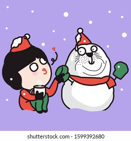 Girl Playing With Seal Snowman On Christmas Day With Falling Snow Concept Card Character illustration