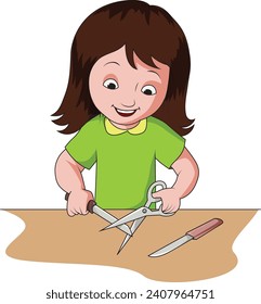 Girl playing with sharp objects – scissors, knife vector illustration