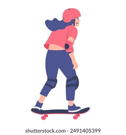 Girl playing skateboard, happy kid play skate, sport flat illustration in isolated white background