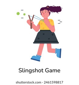 Girl playing slingshot game, flat style icon 