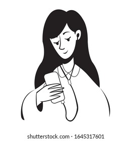 Girl playing smartphone flat vector illustration on black and white for your illustration, poster, flyer, banner, business card, invitation card, aplication, web design etc