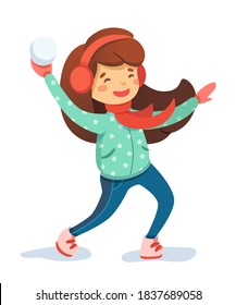 Girl Playing Snowball Cartoon Illustration. Kid Having Fun. Child Throwing Snowballs Vector Character. Winter Entertainment, Outdoor Activity, Leisure, Active Rest Concept