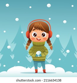 Niña jugando bolas de nieve en invierno contra el telón de fondo de nieve y fusilería. Ilustración vectorial para diseños, impresiones y patrones. Ilustración del vector