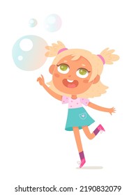 Girl playing with soap bubbles vector illustration. Cartoon isolated adorable blonde jumping for transparent balls of soap suds and flying spheres, happy summer fun game of little child with cute face