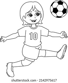 Girl Playing Soccer Coloring Page Isolated