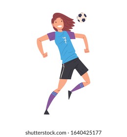Girl Playing Soccer, Smiling Sportive Young Woman Football Player Character in Sports Uniform Kicking the Ball Vector Illustration