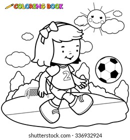 Girl playing soccer. Vector black and white coloring page.
