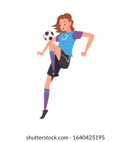 Girl Playing Soccer, Young Woman Football Player Character in Sports Uniform Kicking the Ball Vector Illustration