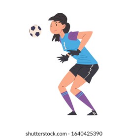 Girl Playing Soccer, Young Woman Goalkeeper Character in Sports Uniform with Ball Vector Illustration