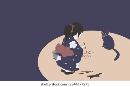 A girl playing a sparkler and a black cat looking at it