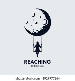 Girl Playing Swing on The Crescent Moon Silhouette Logo