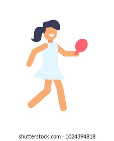 Girl playing table tennis, poster with female smiling and wearing dress, person with racket and good emotions, vector illustration isolated on white