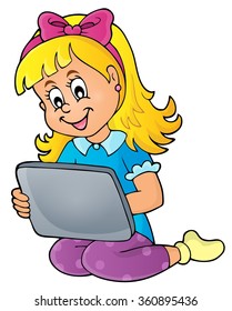 Girl playing with tablet - eps10 vector illustration.