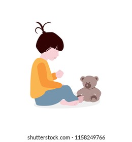 Girl playing with teddy bear flat illustration. Child game in kindergarten. Childhood advertising print. Chracted design