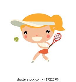 girl playing tennis. cute cartoon sports character.